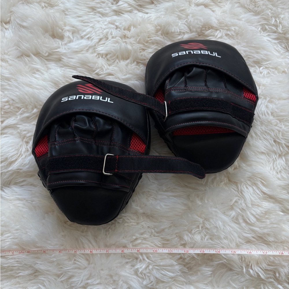 like new sanabul curved boxing mitts black red
